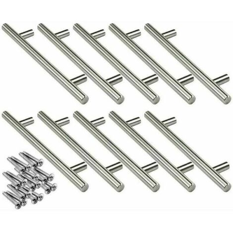 Pack of 10 stainless steel T-handles of 160 mm for kitchen cabinet doors, diameter 12 mm, with screws. (1/4)