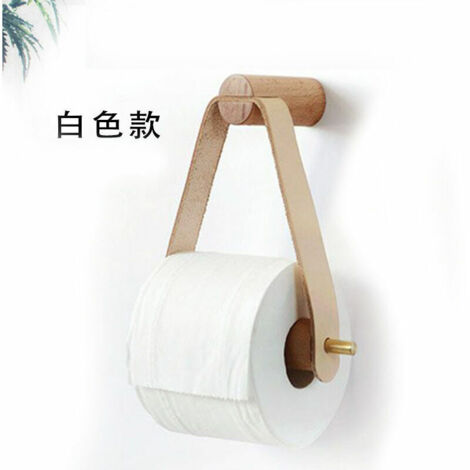 Retro Style Wooden Toilet Paper Holder for Kitchen, Bathroom, WC, with Copper and Leather Handle - White (1/4)