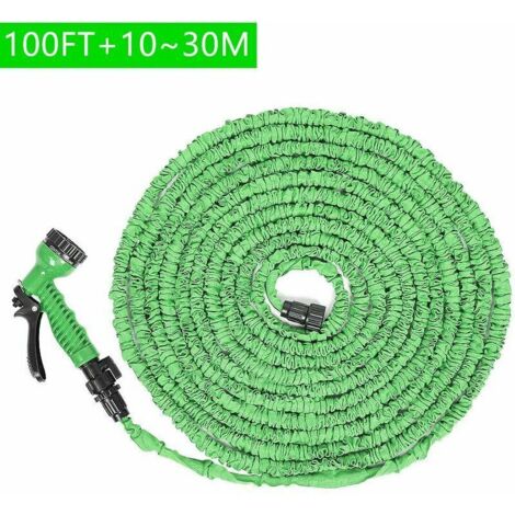 Garden hose, 100ft retractable hose + 7-function spray gun - Hose extends up to 3 times its length - Green colour. (1/4)