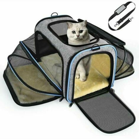 Expandable carrier bag for cats and dogs, with a sturdy structure, breathable mesh, and spacious interior. Convenient for travel by train, car, plane, and restaurants. Approved for transport. (1/4)