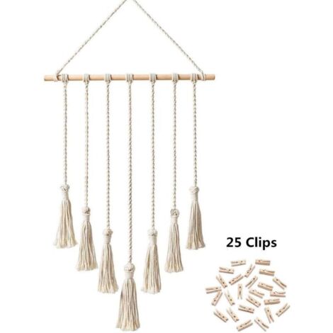 Présentoir à photos suspendu en macramé, organisateur de photos mural, décoration d'intérieur bohème avec 25 pinces en bois, beige (1/4)