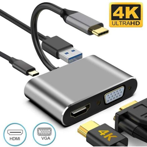 Type-C vers HDMI et VGA et USB et PD, 4 en 1 Type C vers VGA HDMI 4K UHD USB3.0 et PD3.0 Hub, adaptateur USB C pour MacBook Pro/iMac/Air Chromebook Pixel Dell XPS Samsung Huawei Smartphones Plug and j (1/4)