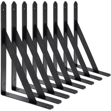 BR-Vie Equerre Etagere Murale, 8 Pcs Supports Triangulaires de 90 Degrés en Acier, Équerres Étagères 200mm x 120mm, Support d'angle Brace (Noir) (1/4)