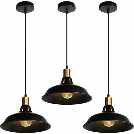 Suspension Lustre Industrielle Vintage Luminaire Plafonnier E27 Salon Abat-jour Plafond en Métal Rétro Style Nordique Design Câble Réglable (Noir, 3pcs) (1/4)