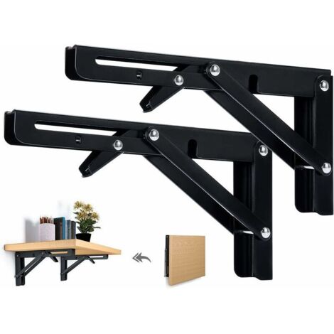 2PCS Support d' Étagères Pliable 250mm Équerre Pliante Étagère Murale Support Pliante Robuste Noir Support Console Pliable pour Table Etagere Murale 50KG Porteur (1/4)