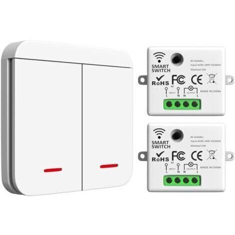 Wireless switch kit, 433 MHz, 2200 W/10 A, 1 RF switch and 2 receivers, lighting switch, smart wireless switch for indoor use (30 to 50 m)