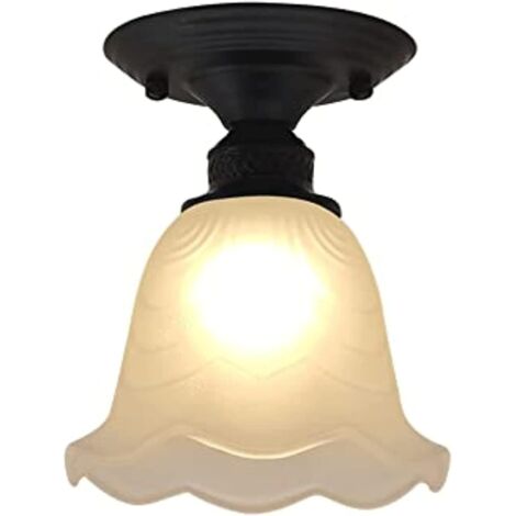 Semi-recessed 1-light ceiling light, black and white glass flower-shaped shade – Ceiling lights for hallway, foyer, E27 socket (bulb not included) (1/4)