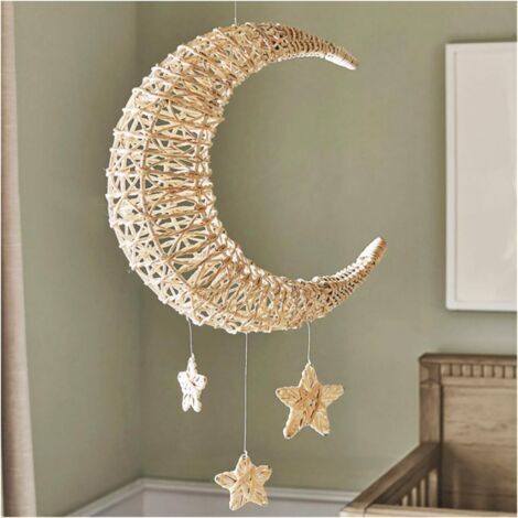 Handwoven rattan wind chime in the shape of a moon and stars - Handmade wicker wall decoration for bedroom, living room, crafts, photo props (1/4)