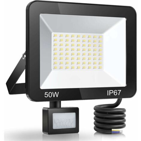 Déstockage 50W Projecteur LED Exterieur Detecteur de Mouvement, IP67 Étanche Spot LED Avec Détecteur, 5000LM 7000K Blanc Froid Eclairage Exterieur, Lampe Exterieur pour Jardin Terrasse Entrée