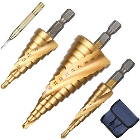 3PCS Metal Step Drill Bit Set, 4-12/20/32mm Metal Step Milling Cutter, Triangular Conical Titanium HSS, Hex Shank for Steel, Wood, Brass, Aluminum, PVC, Center Punch and Torsion Drill Bit Included (1/4)