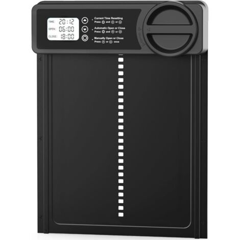 Automatic chicken coop door with timer/manual mode, anti-pinch chicken coop door, aluminum alloy, large programmable LCD screen, low battery warning