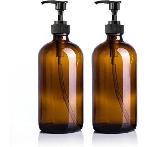 2-Pack 500ml Amber Glass Bottles with Pump, Soap Dispenser, Hand Soap Dispenser, Large Dish Soap Dispenser, Reusable Glass Bottles with Pump (1/4)