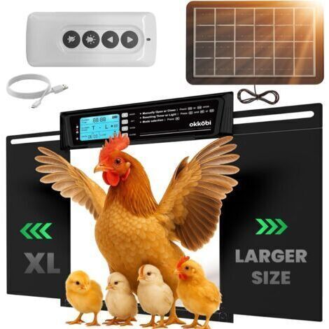 XL Automatic Chicken Coop Door - Solar Panel - LCD Screen, Remote Control, Light Sensor, Timer & Anti-Pinch Safety - Large Opening 28.7 x 22.1 cm - 5 Year Warranty