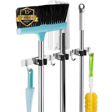 Wall-Mounted Broom Holder, 3 Brackets + 4 Hooks, Wall-Mounted Broom Holder, No-Drill Wall-Mounted Broom Holder, Broom Storage, Wall-Mounted Broom Clip