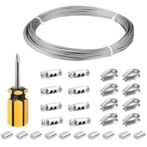 3mm Stainless Steel Cable, 20M/3mm Stainless Steel Rope, Coated Steel Cable with Cable Clamps, M3 Sleeves, Stainless Steel Lugs, 3mm Wire Rope for Clothesline, Guardrail Cable (1/4)