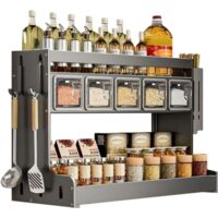 Wall-mounted spice rack with hooks and utensil holders for seasonings, hanging spice rack, organizer for seasoning jars, for sugar, salt, pepper, oil (5 jars)