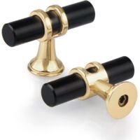 Set of 6 Single Hole T-Shaped Drawer Knobs, Modern T-Handle Cabinet Door Handle, Zinc Alloy, Single Hole Knobs for Kitchen Furniture, Wardrobe, Cupboard, Bedroom, Screws Included, Black with Gold Base