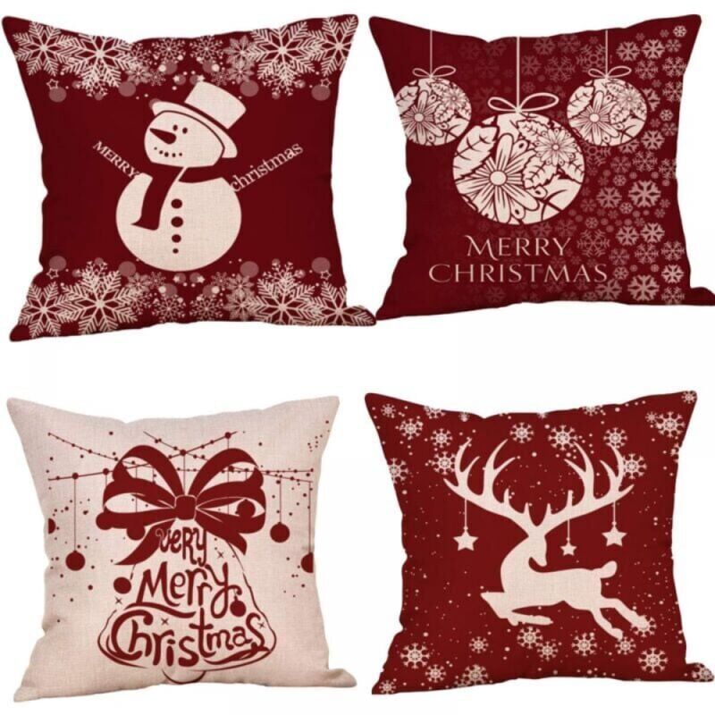 4er Set Weihnachtskissenbezüge 45x45 Cm - Niedliche Motive Wie Weihnachtsmann & Elche | Für Sofa & Bett
