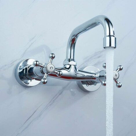 Retro-Wand-Wasserhahn, Wandmontage, Badezimmer-Wasserhahn, Küchenspüle, Mischbatterie, Messing-Waschtischarmatur, zwei Griffe, Messing, drehbarer U-Auslauf