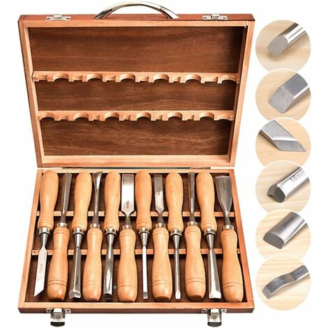 12-teiliges Holzschnitz-Handmeißel-Set, Schnitzwerkzeuge, professionelle Holzbeitel, Hohlbeitel-Set aus legiertem Stahl, mit Aufbewahrungskoffer aus Holz (1/5)