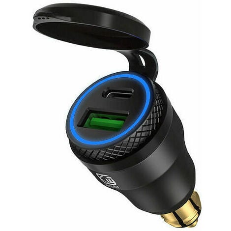 Motorrad-USB-Zigarettenanzünder-Adapter – Dual-USB-Buchse – 12 V PD 3.0 und  QC 3.0 – für BMW-Motorräder, (hellblaues schwarzes Gehäuse)
