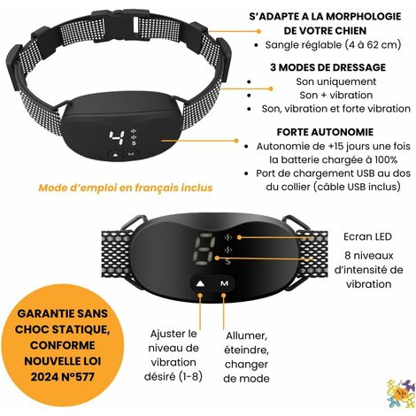 Antibell-Hundehalsband, ohne statische Aufladung, entspricht dem neuen  Gesetz 2024, Ton-/Vibrations-/starke Vibrationsmodi, 8  Empfindlichkeitsstufen, wasserdicht IP67, einstellbar fr kleine und groe