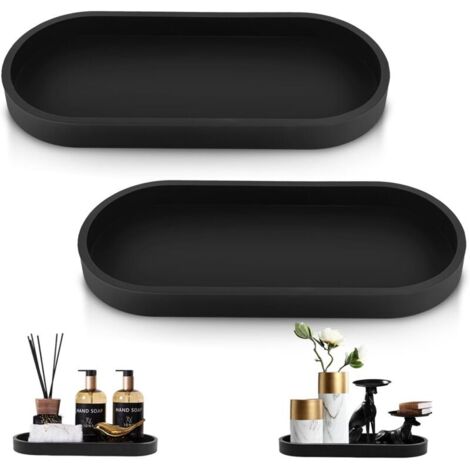 2er Set Badezimmertablett, Dekotablett, Schwarzes Silikon, Vanity Organizer Tablett, Kleines Tablett, für Wohnzimmer, Schlafzimmer, Waschbecken, Badewanne und Küchenspüle (Oval)  FLITI