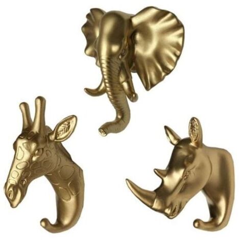 3er Set Wandhaken mit Nashorn-, Giraffen- und Elefantenkopf, Tierform, Garderobenleiste, Badezimmerhaken, Wandbehang (Gold) FLITI