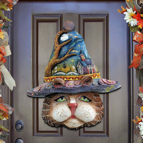 Lustige Halloween-Katzenkopf-Holzornamente, Hexenkatzenkopf-Hängeornamente, Wanddekoration für Zuhause, Restaurant, Garten, Schlafzimmer, Wanddekoration (1/4)
