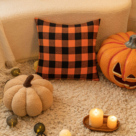 2er-Set Halloween-Kissenbezüge, karierter Kissenbezug für Sofa, herbstlicher Bettkissenbezug mit gekreuzten Rändern, Kürbiskissen (45x45 cm) (1/4)