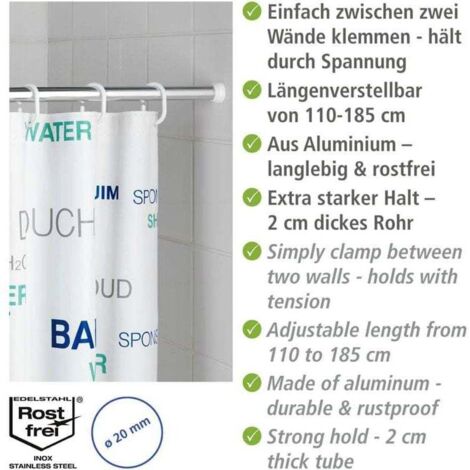Teleskop-Duschvorhangstange, ausziehbar, bohrfreie Drehmontage, rostfreies Aluminium – Gummiendkappe, Ø 20 mm x 110–185 cm, glänzend