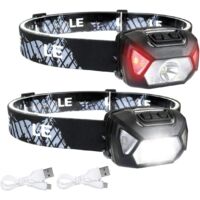 Leistungsstarke wiederaufladbare LED-Stirnlampe, D500 USB-LED-Stirnlampe, 2000 Lux, weißes und rotes Licht, 6 Beleuchtungsmodi, IPX6, für Radfahren, Camping, Wandern, Heimwerken – 2 Stück [Energieklas