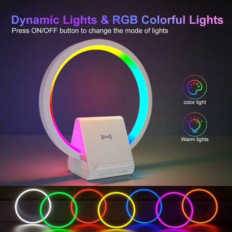 Enceinte Bluetooth Portable avec 15W Chargeur sans Fil, Lampe de Chevet LED  avec 5 Lumières Colorées Dynamiques, Haut-Parleur Bluetooth Veilleuse avec  Support Téléphone, Cadeau Ado Fille