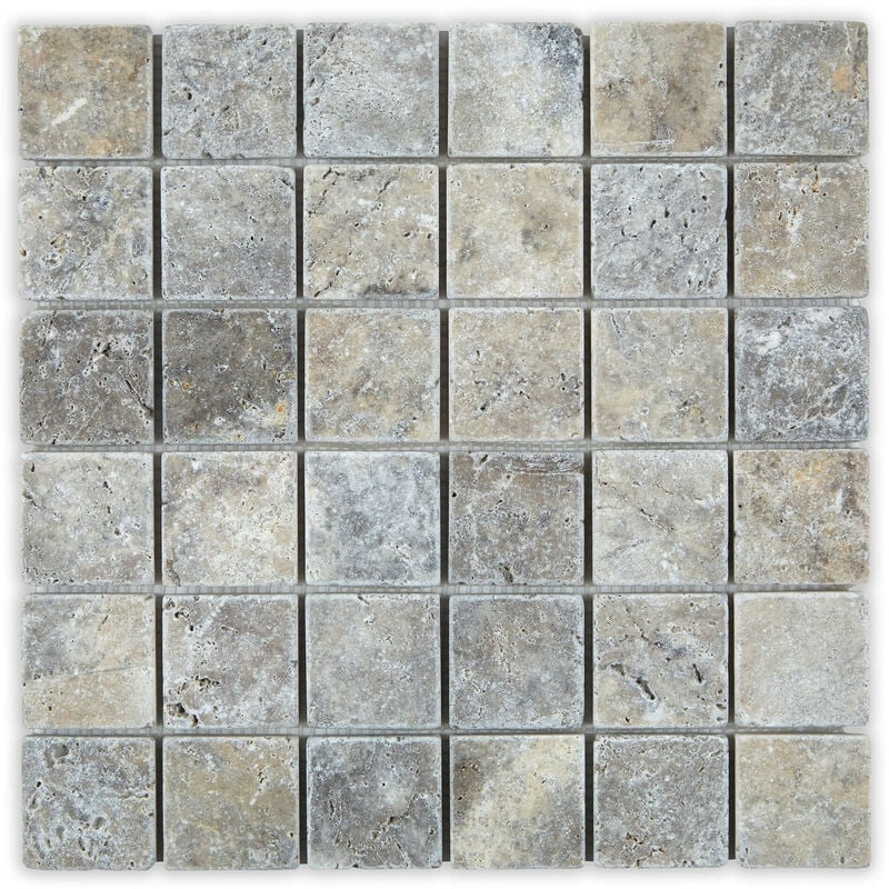 Mosaïque Travertin 1er choix - 4,8x4,8x1 cm - Gris Silver (vendu par plaque de 30,5x30,5 cm)