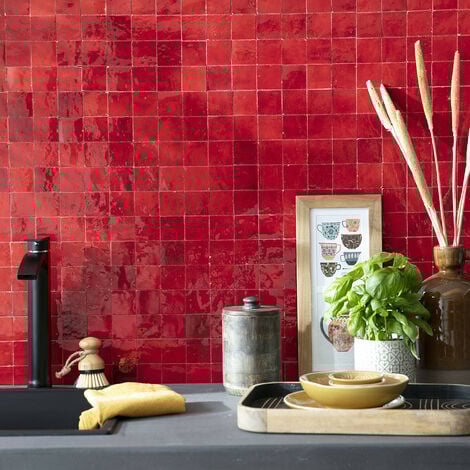 Zellige véritable Carrelage Artisanal - 5x5 cm - Rouge Pétillant (vendu par plaque de 0,09 m² - 30x30 cm)