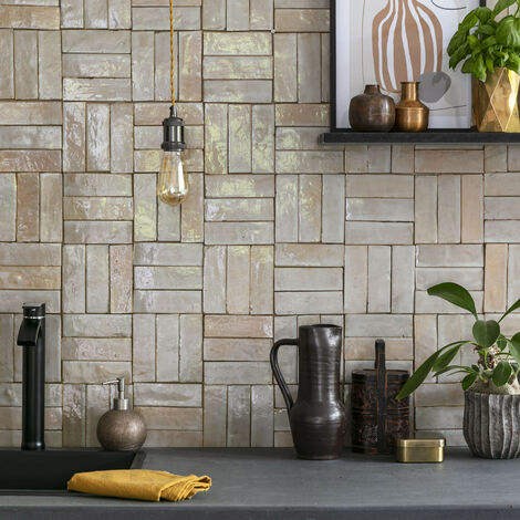 Zellige véritable Carrelage Artisanal - 5x15 cm - Gris Beige (vendu par boîte de 0,5m²)