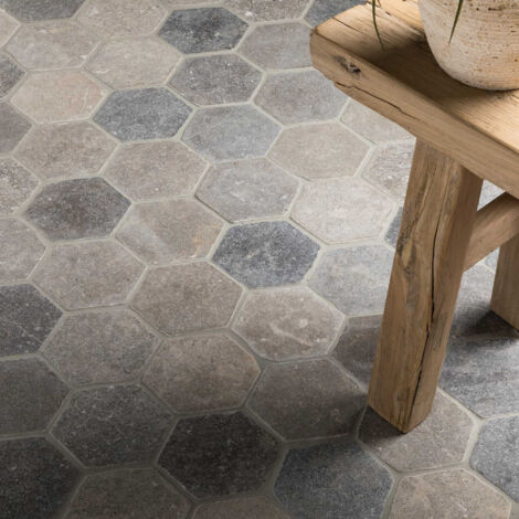 Tomette carrelage hexagonal pierre naturelle Sinai 14x14x2 cm – Gris – Vendu par paquet de 0,2 m² – Pour revêtement intérieur