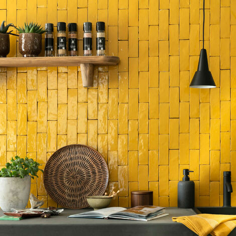 Zellige véritable Carrelage Artisanal - 5x15 cm - Jaune Moutarde (vendu par boîte de 0,5m²) (1/5)