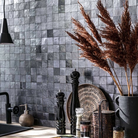 Zellige véritable Carrelage Artisanal - 5x5 cm - Noir Métal (vendu par plaque de 0,09 m² - 30x30 cm)