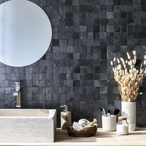 Zellige véritable Carrelage Artisanal - 5x5 cm - Noir Métal (vendu par plaque de 0,09 m² - 30x30 cm)