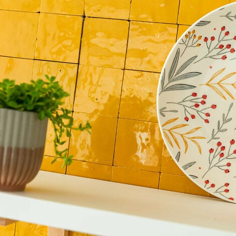 Zellige véritable Carrelage Artisanal - 5x5 cm - Jaune Moutarde (vendu par plaque de 0,09 m² - 30x30 cm)