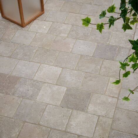 Pavé extérieur en travertin beige mix – 15,25 x 15,25 cm – Épaisseur 3 cm – Carrossable pour allées et terrasses