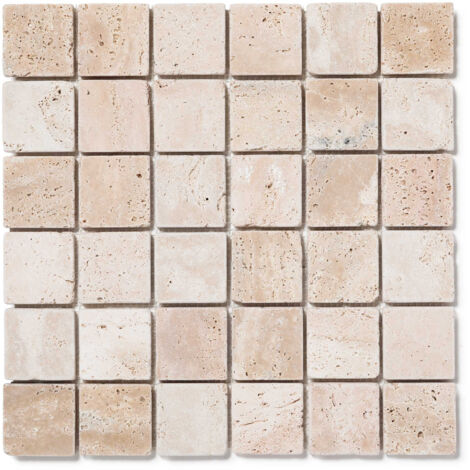 Mosaïque travertin beige 4,8x4,8 cm – Plaque 30,5x30,5 cm – Épaisseur 0,9 cm pour murs et sols intérieurs – Utilisation en douche