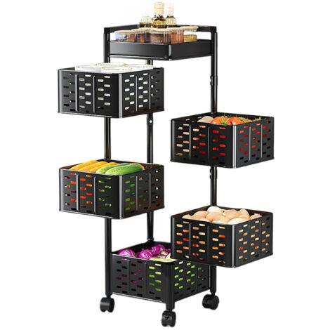 Chariot De Rangement Cuisine 5 Niveaux - Bois Et Métal, Tiroirs Coulissants, Roulettes, 32,5x36,5x82 Cm, Pour Fruits, Légumes, Micro-ondes… - 7