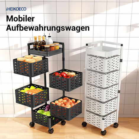 Étagère De Rangement Cuisine Rotative Washranp 5 Niveaux - Chariot Métal Avec Roulettes, Carré