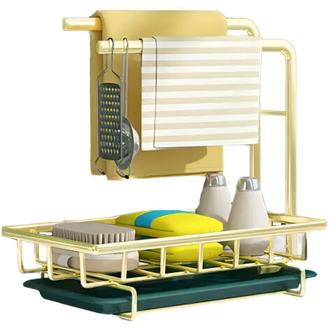 Heikoeco® Organiseur d'Evier, Organiseur de Cuisine en Métal, Organiseur de Salle de Bains avec Porte Eponge & 2 Porte-Lavettes & Egouttoir Amovible, Rangement Extra Durable pour Cuisine (Vert et Or,