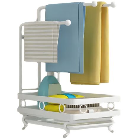 Heikoeco® Organiseur d'Evier, Organiseur de Cuisine en Métal, Organiseur de Salle de Bains avec Porte-éponge & 3 Porte-Lavons & Egouttoir Amovible, Rangement Extra Durable pour Cuisine (Blanc, Montage (1/5)