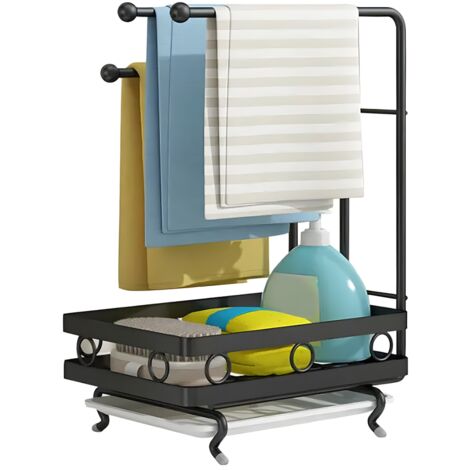 Heikoeco® Organiseur d'Evier, Organiseur de Cuisine en Métal, Organiseur de Salle de Bains avec Porte-éponge & 3 Porte-Lavons & Egouttoir Amovible, Rangement Extra Durable pour Cuisine (Noir, Debout) (1/5)