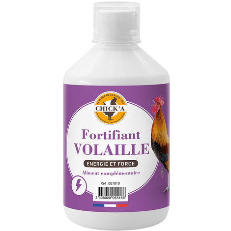 Aliment diététique complémentaire fortifiant volaille 500 ml – Composition : eau, extraits de plantes, vinaigre de cidre – Pour croissance et production d'œufs – Chick'A