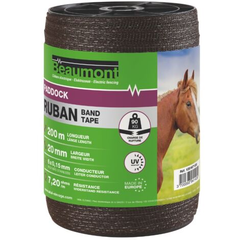 Beaumont – Ruban marron 20 mm – 200 m – Polyéthylène traité anti-UV – Résistance 90 kg pour enclos équins – Charge de rupture 90 kg (1/2)
